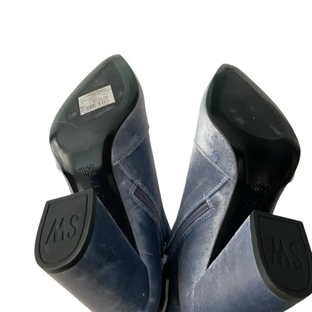 Stuart Weitzman Grandy Silver Bluish Steel Pane Velvet Ankle Boots Size 6.5M